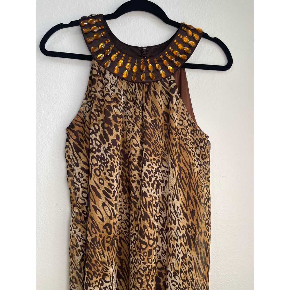 Ultra Pink Leopard Print Halter Top Beaded Jewel Neckline Brown Small